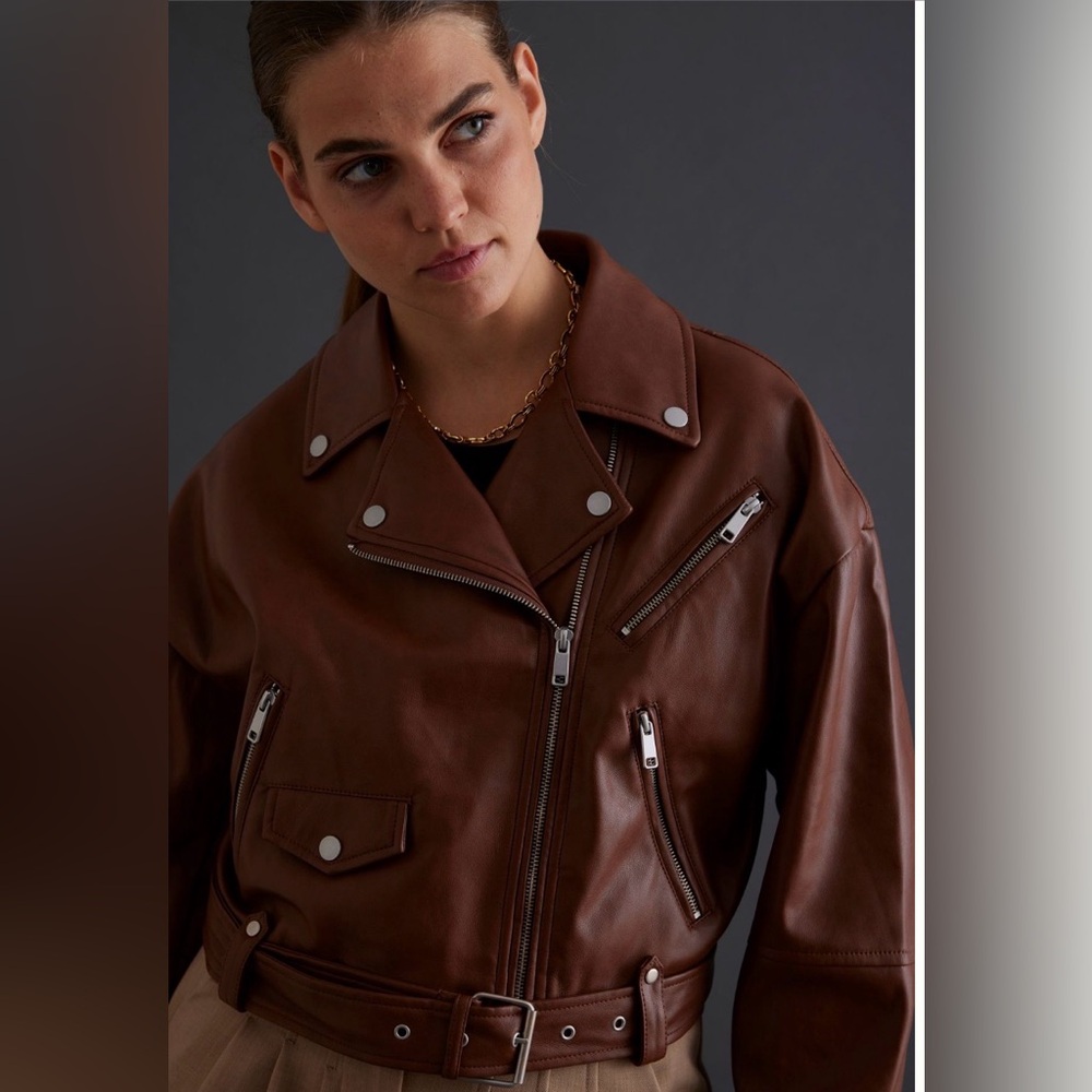 Avec Les Filles Anthropologie Brown Faux Leather Cropped Jacket Sz S - Picture 2 of 12
